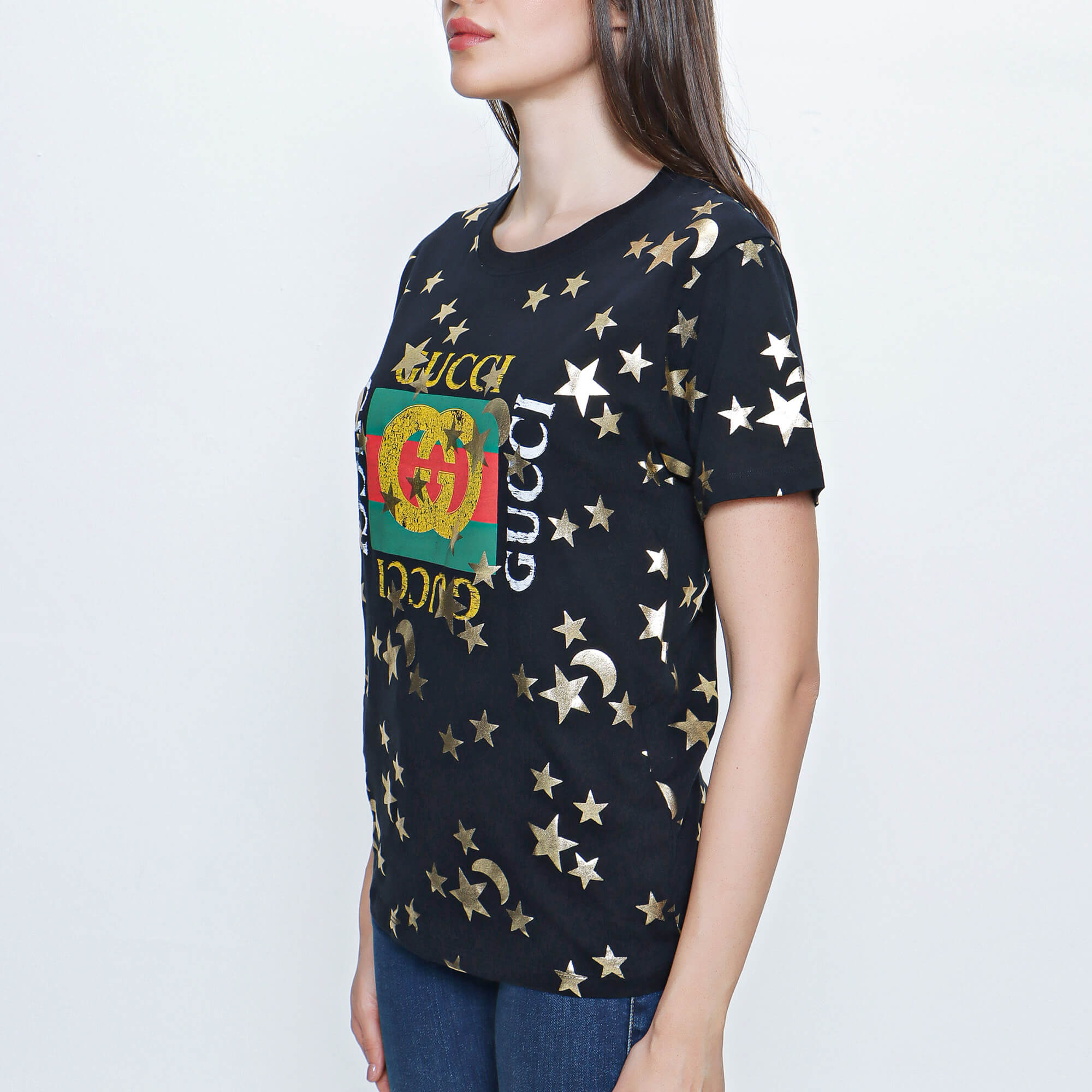 Gucci - Black Cotton Vintage Logo and Star Print T shirt 